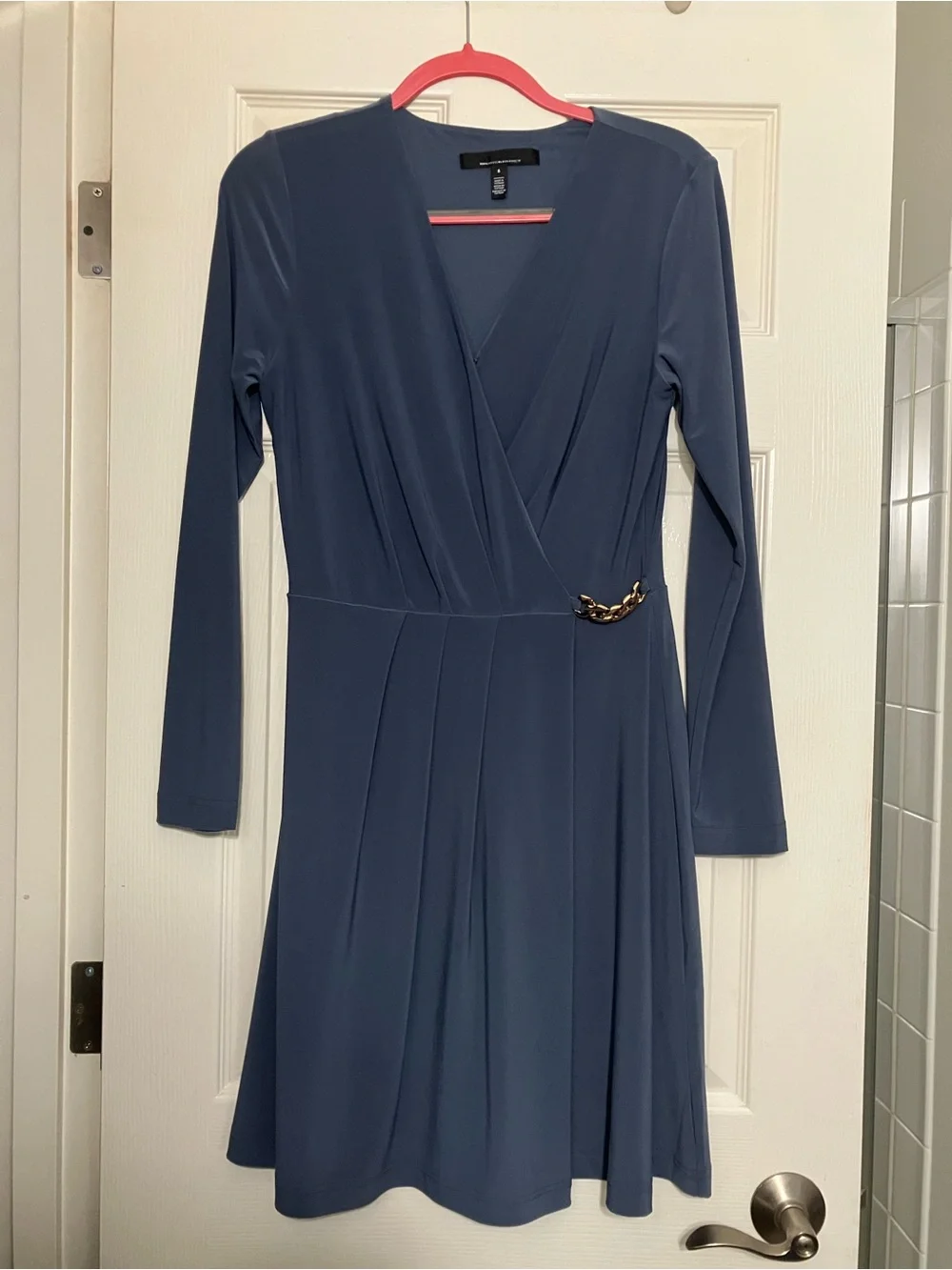 Slate Blue Long-Sleeve Faux-Wrap Dress with Chain Accent - Picture 1 of 3